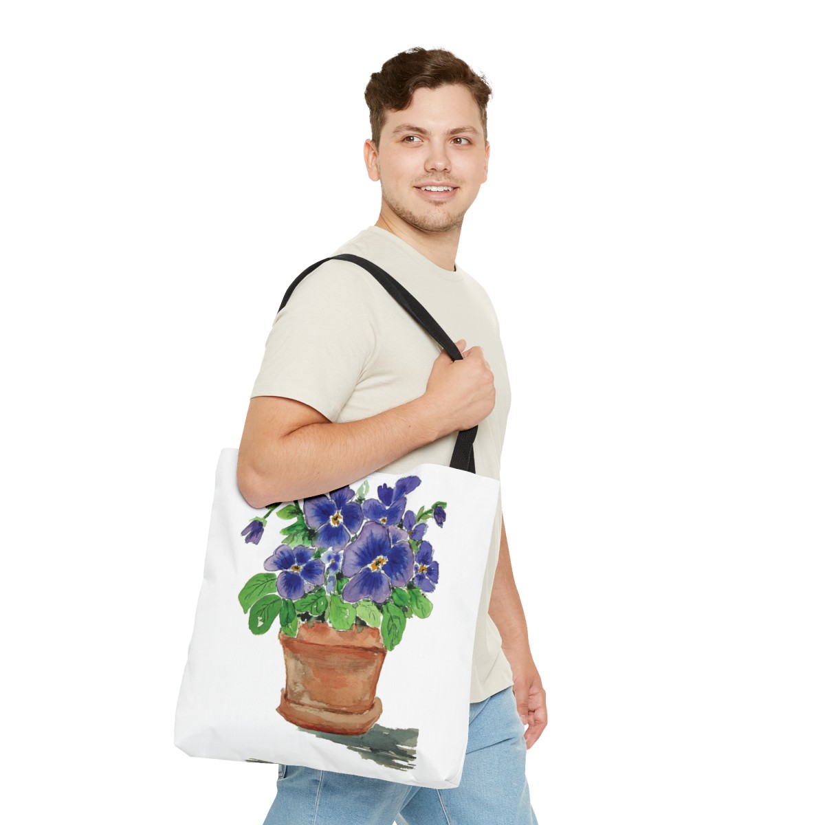 Blue Pansies in Clay Pot Tote - Image 3