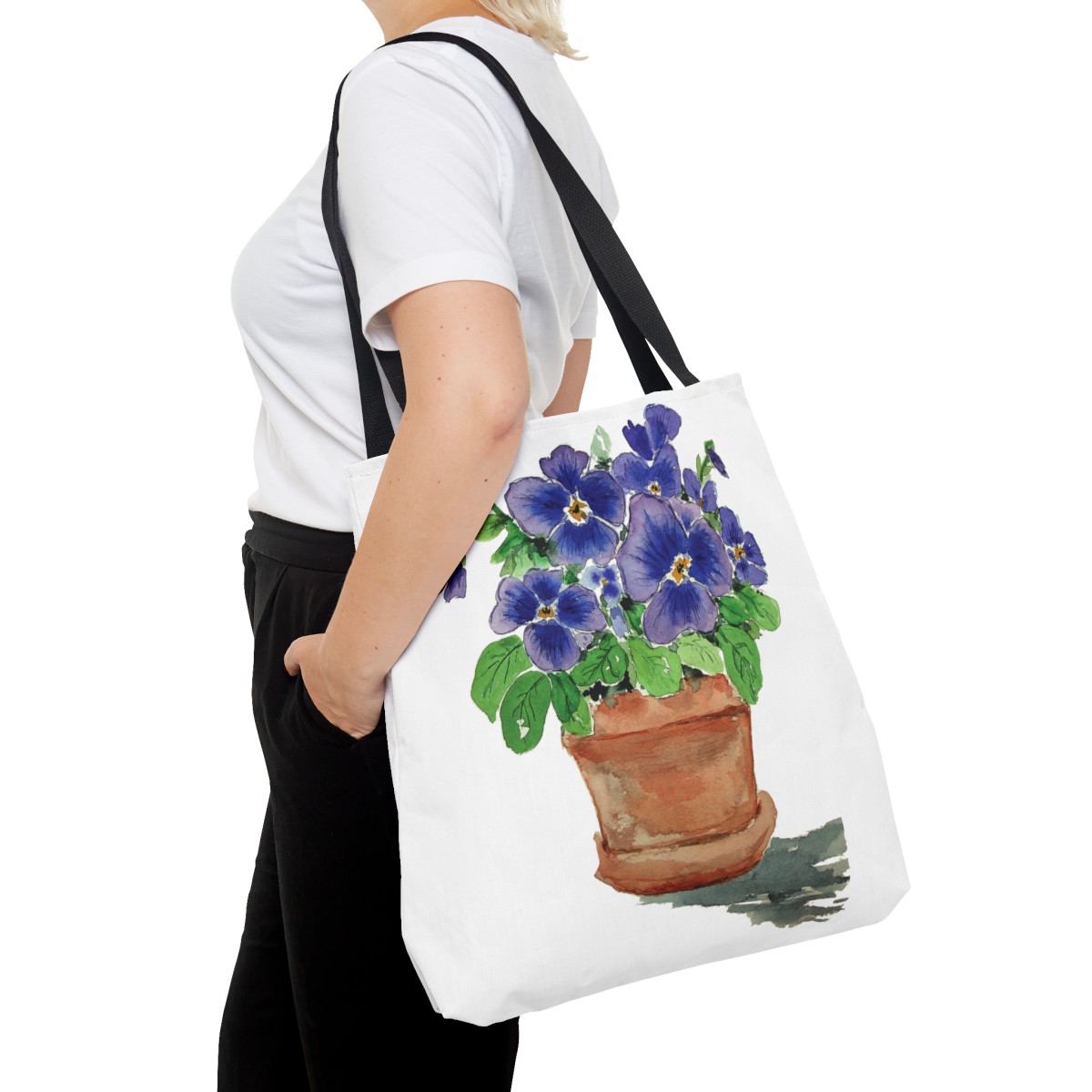 Blue Pansies in Clay Pot Tote - Image 4