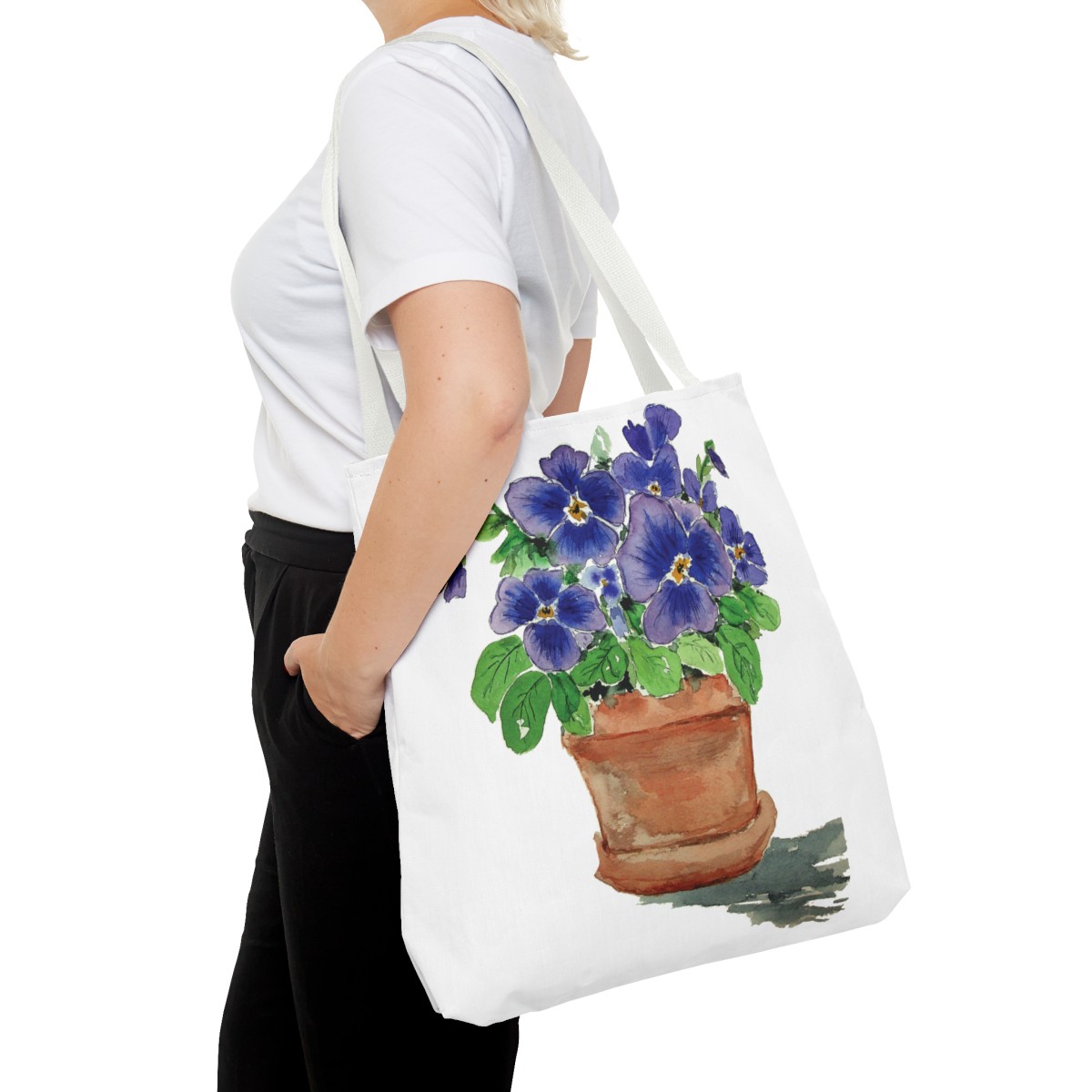 Blue Pansies in Clay Pot Tote - Image 36