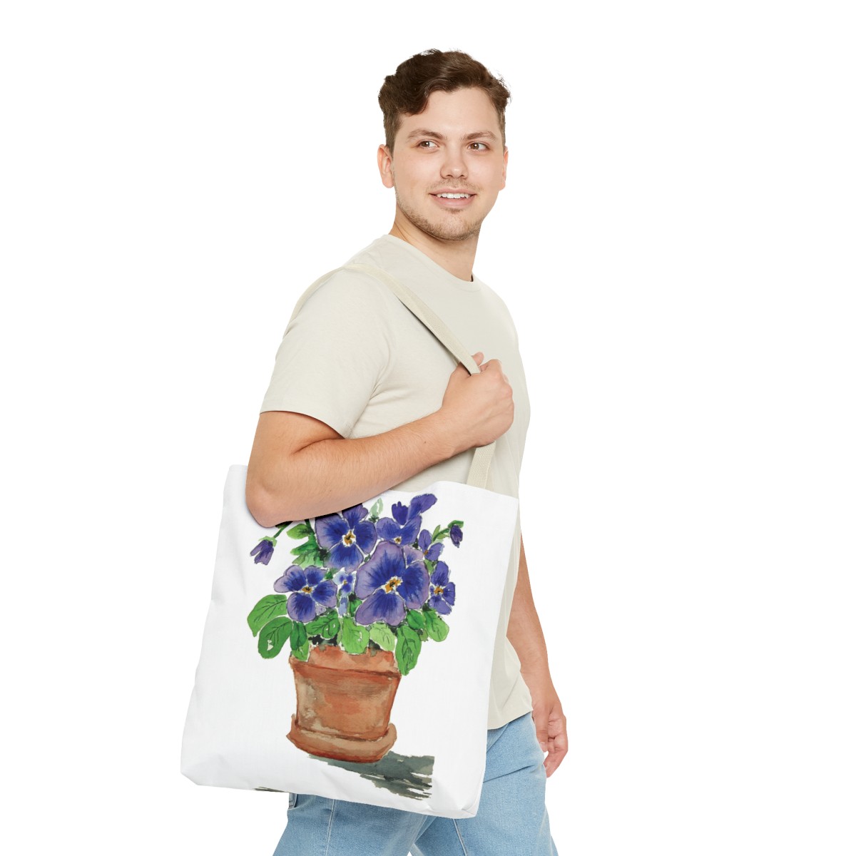 Blue Pansies in Clay Pot Tote - Image 47